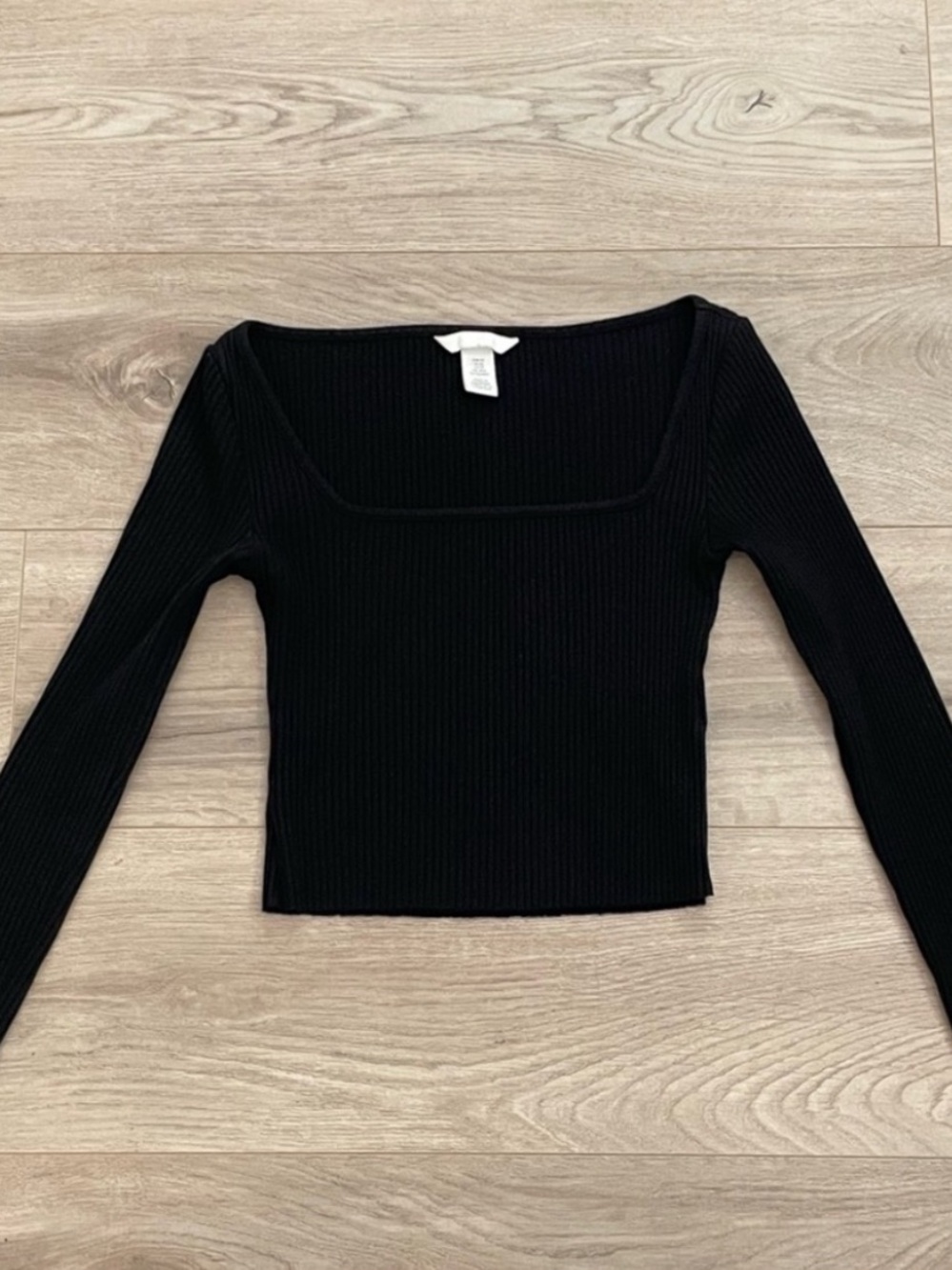 H&M Black Ribbed Square Neck Long Sleeve Top